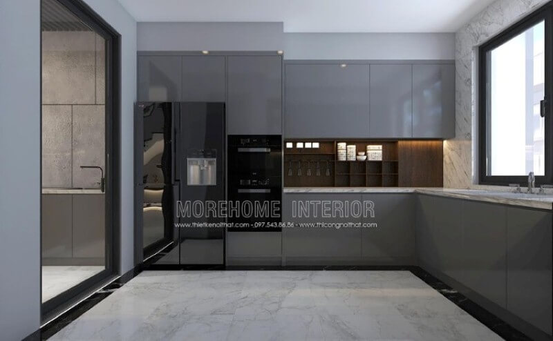Mẫu tủ bếp gỗ công nghiệp acrylic màu xám đẹp mắt trong thiết kế nội thất phòng bếp hiện đại sẽ là lựa chọn khá phù hợp với các không gian như chung cư, biệt thự, nhà phố. Tủ bếp hiện đại