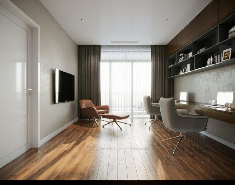 Sắp xếp phòng học ấn tượng với nội thất gỗ sang trọng từ kệ ốp tường gỗ óc chó cao cấp, bàn học và sàn lát gỗ ấn tượng.