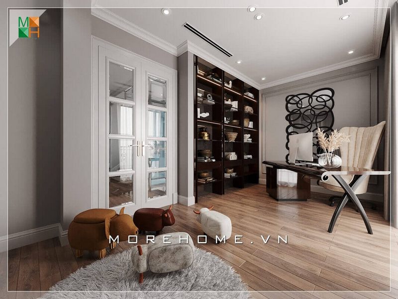 Kệ, tủ trang trí gỗ tự nhiên màu nâu đen thiết kế âm tường tinh tế và sáng tạo, phù hợp với không gian góc làm việc.