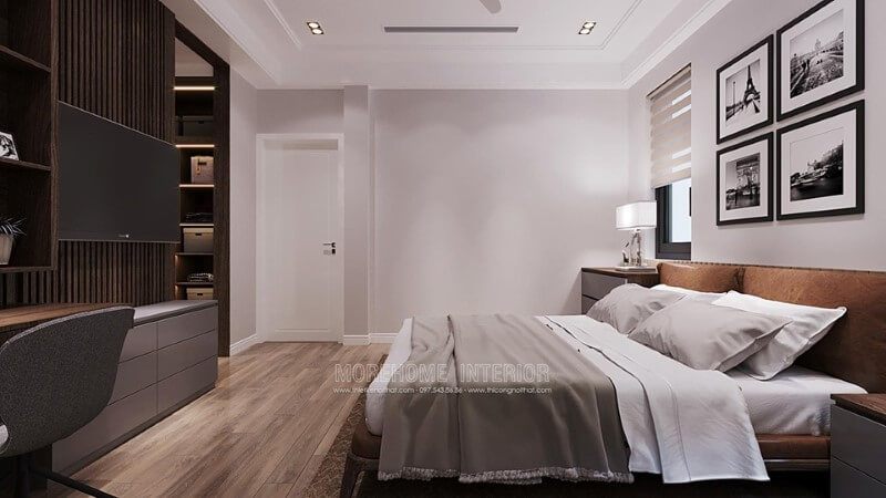 Thiết kế phòng ngủ master với nội thất gỗ óc chó cao cấp giúp cho giấc ngủ của gia chủ được ngon và thoải mái hơn