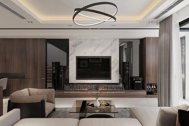 Đá ốp tường vân mây sẽ độc đáo hơn nết kết hợp vật liệu ốp phòng khách tối màu.
