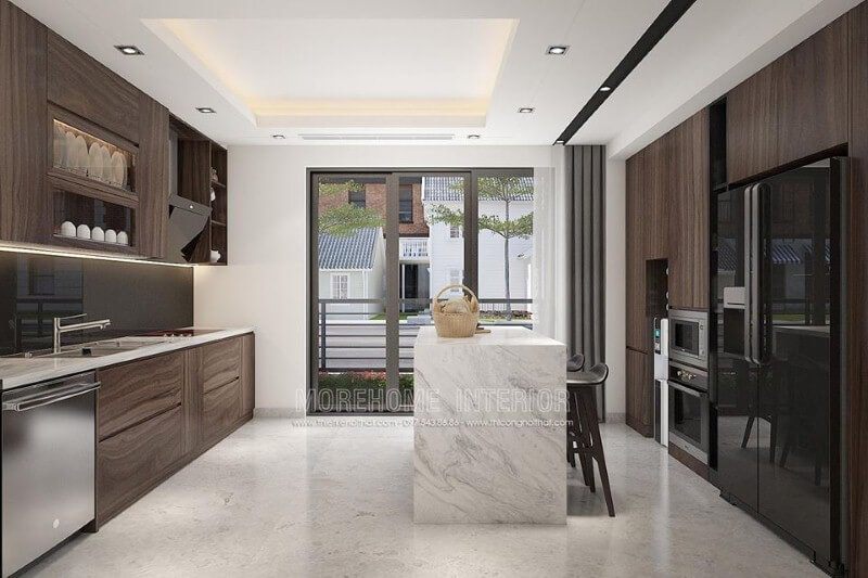 Sắp xếp phòng bếp cho nhà phố, nhà liền kề, biệt thự phố ấn tượng với nội thất gỗ cao cấp.
