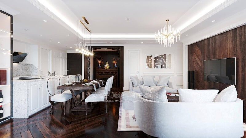 Mẫu thiết kế nội thất phòng khách của chung cư tân cổ điển với gỗ óc chó tinh tế và sang trọng.