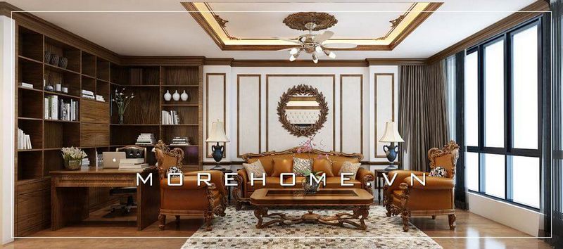 Lựa chọn mẫu sofa bọc da cao cấp tone nâu trầm với phong cách thiết kế tân cổ điển cho không gian phòng khách chung cư thêm sang trọng, tiện nghi.