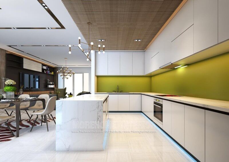 Tủ bếp gỗ màu trắng sẽ mang lại cảm giác ấn tượng, còn bàn đảo liền kề sẽ làm nổi bật sự tinh tế và tiện nghi.